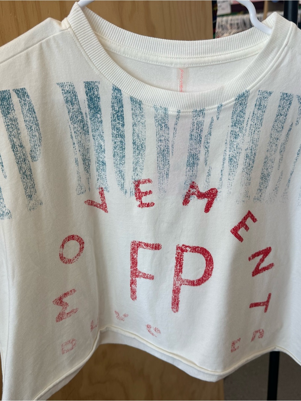 FP Movement by Free People White Cropped Tee with Red Logo and Blue Stripe Print